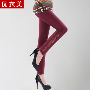  优衣美 春装新款女裤子 显瘦韩版时尚蕾丝拼接女士打底裤2204