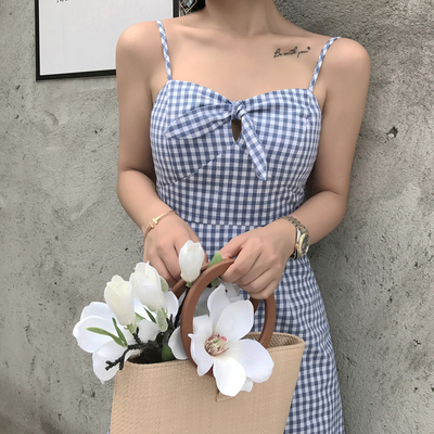 ALOHA STUDIO 露合制衣 清新夏日胸前打结吊带裙格子裙连衣裙女