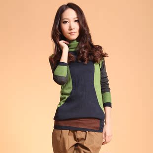  品牌特卖 遐逸冬装新款高领针织衫女 套头修身 韩版拼接毛衫女