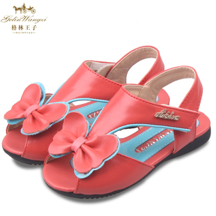  夏季新款牛皮真皮绣花女童儿童宝宝蝴蝶结凉鞋4-5-6-7-8岁