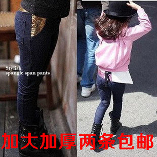 童装女童秋冬中大童亮片仿牛仔加绒加厚打底裤儿童小脚铅笔靴裤子