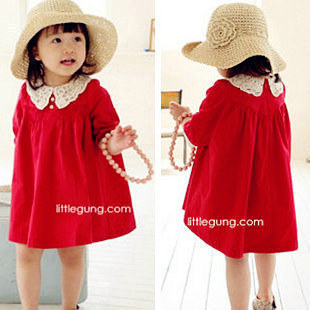  反季春秋女童装韩版洋气公主蕾丝领大红娃娃衫儿童长袖连衣裙