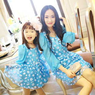 怡贝贝亲子装夏装款 韩版修身花朵连衣纱裙母女装 春夏两色选