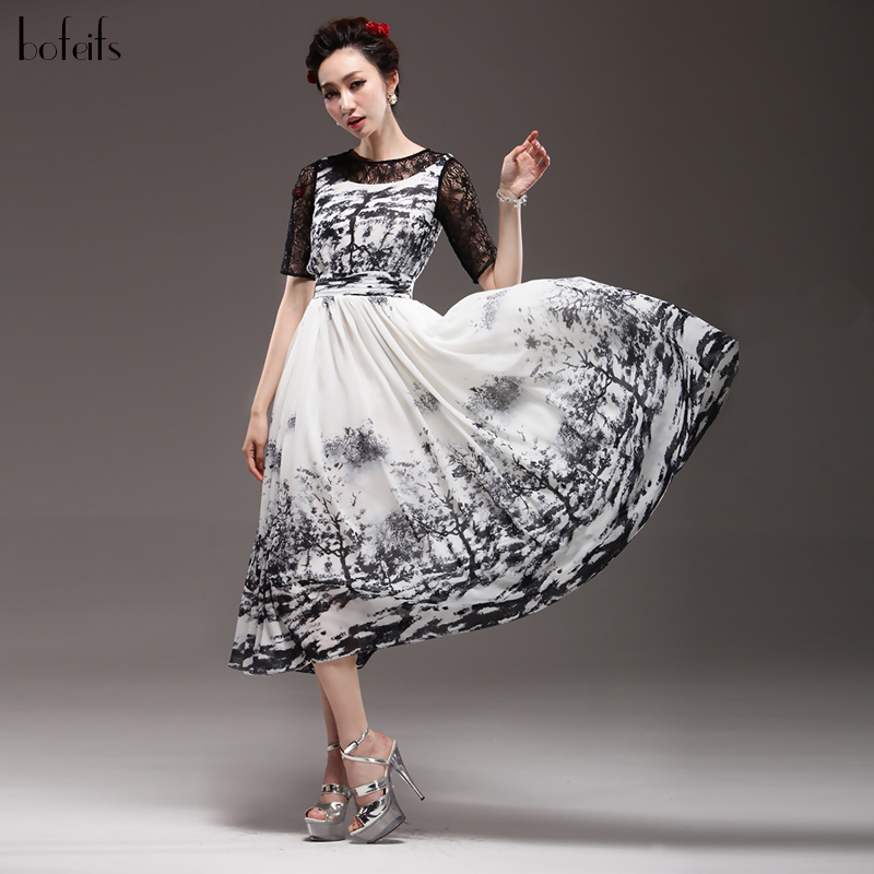 2015夏 帛霏 新款 水墨定位印花大摆雪纺中长款 连衣裙 LYQ444