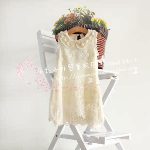  春夏新款儿童背心连衣裙2-8韩版女童白色珍珠翻领蕾丝仙女裙