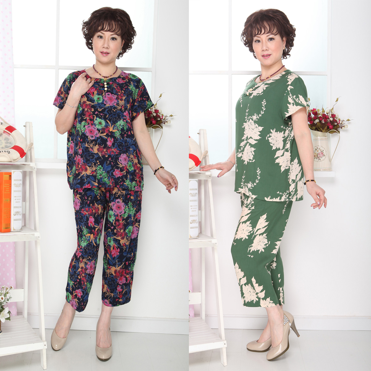 中老年女装 套装 花色休闲绸缎 套头七分裤 2013夏季宽松女士精品 中老年女装 套装 花色休闲绸缎 套头七分裤 2013夏季宽松女士精品