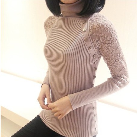 优帛良衣 秋冬新款韩版蕾丝勾花百搭高领修身针织衫打底衫毛衣女