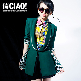  CIAO俏 春装新款欧美女外套 袖口拼接格子图案女士修身小西装