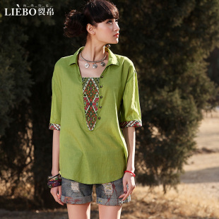  裂帛正品 新款女装 夏装拼色棉纱 衬衫2216茨木
