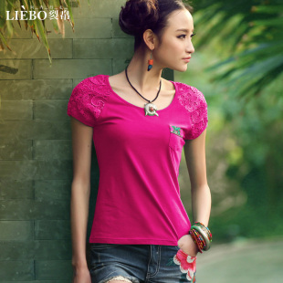  裂帛正品 夏装新款 蕾丝拼接 针织T恤女短袖31130053星河粲