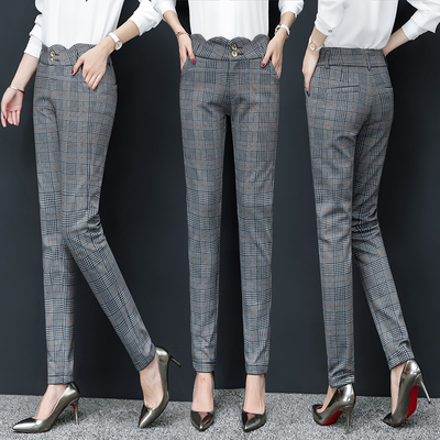 格子裤女花苞腰西裤2019秋冬季韩版宽松哈伦裤小脚长裤休闲西装裤