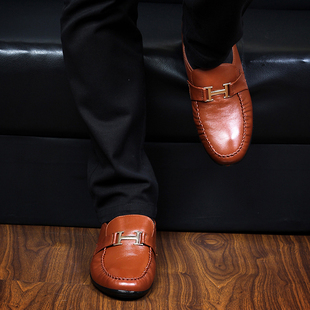  意尔康正品商务休闲男式皮鞋英伦韩版潮流套脚真皮头层皮正装男鞋