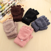 女 秋冬季 韩国版可爱半指加厚翻盖保暖珊瑚绒键盘漏指手套