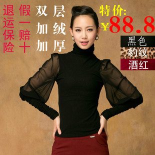  长袖小衫春冬加绒OL修身雪纺衫新款韩蕾丝打底灯笼袖高领女装