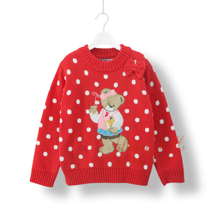  怡尔贝 女童装春装新款 新年红毛衣线衫中领小熊波点双层加厚