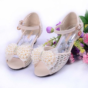  女童凉鞋夏季新款韩版时尚串珠公主鞋蕾丝花边高跟鞋鱼嘴儿童潮款
