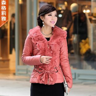  【已质检】秋冬装新品女装短款皮草兔毛领修身PU皮棉衣服大码外套
