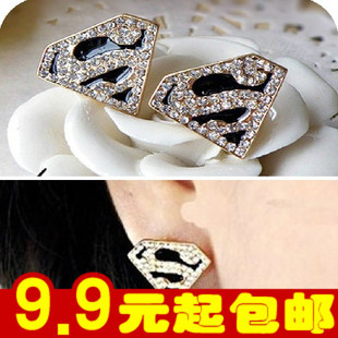 E2138 韩版金色闪钻造型耳钉超人标志三角几何S字耳环饰品新款3g