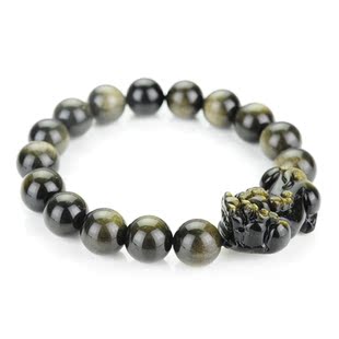  聚贤阁风水 开光天然金黑曜石霸王貔貅手链  男女士 招财开运辟邪