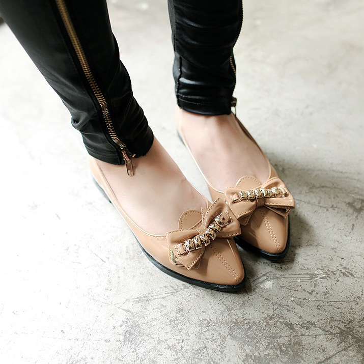 杏色蝴蝶结浅口平底...