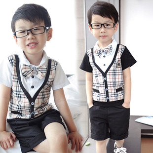  潮宝宝夏装童装男童英伦学院风儿童假两件短袖T恤+短裤套装