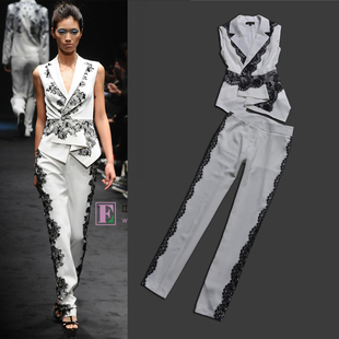 走秀款 <em>西装 马甲</em>短外套蕾丝拼贴直筒长裤 201