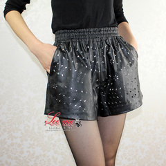 特价真皮<em>短裤</em>羊皮<em>短裤 松紧腰</em>高腰宽松皮短裤