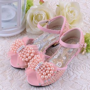 女童高跟凉鞋 夏季韩版新款儿童公主凉鞋 水钻珍珠蝴蝶结正品