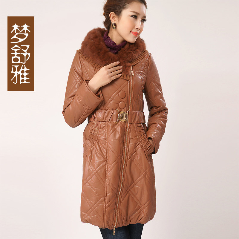 领秀梦舒雅<em>女装 加厚棉衣</em> 兔毛毛领PU皮长款 