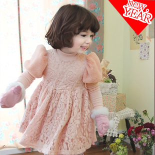 现货 韩国韩版童装女童 全蕾丝加厚绒泡泡袖公主裙儿童连衣裙F53
