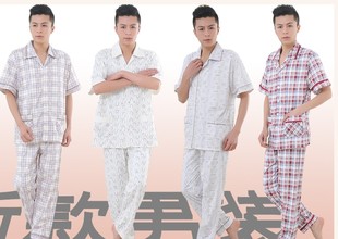 包邮、夏季热销<em>男土睡衣纯棉</em>质格子反领短袖长