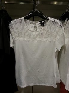  HM H＆M 宁波专柜正品代购 蕾丝拼接t恤 女 短袖 打底衫 莫代尔