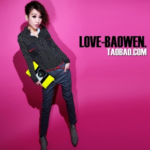  LOVE_BAOWEN.冬新欧美复古波点衬衫分体2件套装休息连衣体裤