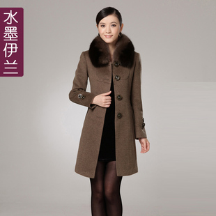  水墨伊兰 羊绒大衣女正品新款冬装 狐狸毛领修身大衣毛呢外套