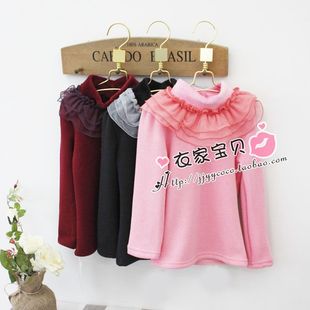  衣家宝贝童装 荷叶网纱领女童冬季高领加厚加绒打底衫儿童长袖T恤