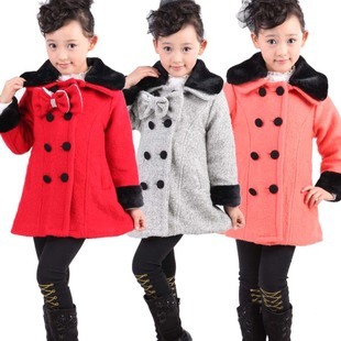  韩版新款冬装童装女童呢子大衣加厚双排扣外套儿童蝴蝶结棉服