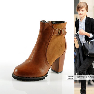  韩国潮靴秋冬新款高跟靴子侧拉链皮带扣粗跟短靴保暖女鞋马丁靴女