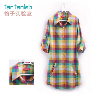  tartanlab长款格子衬衣女长袖纯棉韩版修身 女士休闲衬衫糖果色潮