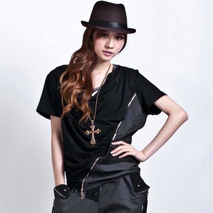  新品夏装欧美女装 宽松堆堆领不规则拼色拉链蕾丝拼接短袖T恤
