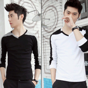  潮男春装夏装新款休闲上衣日韩潮牌男装v领打底衫男士长袖t恤