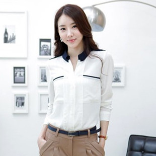 白色V领雪纺衬衫通勤...