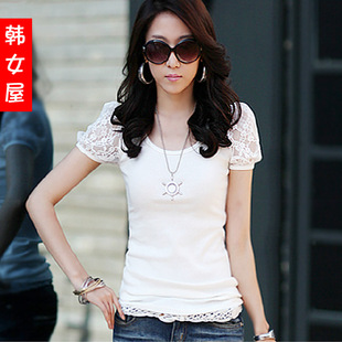  韩国夏装 新款女装韩版 泡泡袖蕾丝袖拼接 修身短袖T恤 女