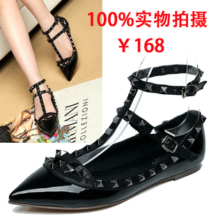  国际大牌同款呛口小辣椒 平跟平底铆钉尖头鞋 祼粉漆皮 单鞋女鞋