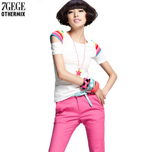  体验OTHERMIX夏季新品 彩条拼接修身T恤 时尚漏肩潮T 女22A12109