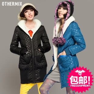  包邮七格格othermix80%羽绒波点保暖羽绒服中长款修身显瘦羊羔毛