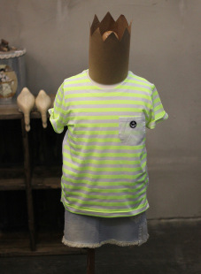  HO.B 夏季新品 男女童荧光条纹 儿童五分袖纯棉短袖T恤