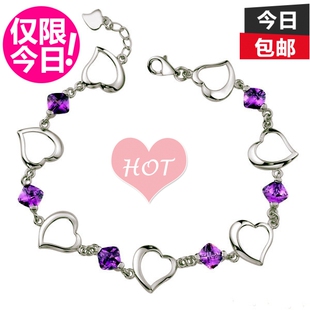  韩国 925纯银手链女款 浪漫爱心紫水晶手链 银饰品 生日礼物手链