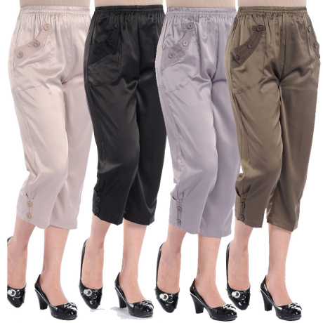 特价中老年女士七分裤中年女士松紧腰真丝裤夏