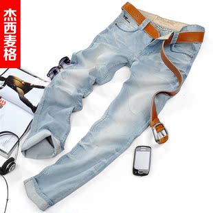  春装中腰男士牛仔裤水洗磨白牛仔裤男浅色低弹韩版潮直筒修身