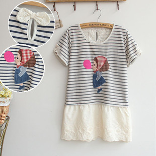  和风日系 森女风 爱心小女孩纯棉条纹蕾丝下摆拼接短袖T恤 